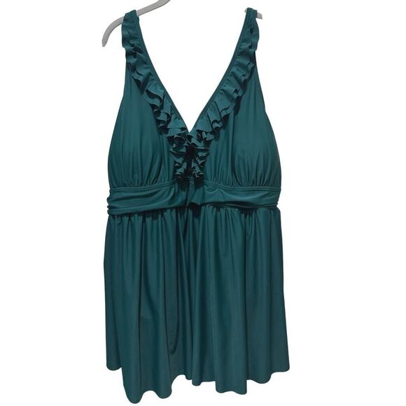 Bloomchic SZ 26 Ruffle Trim Adjustable Strap Gathered Sculpt Waist Swim Dress - Picture 4 of 16